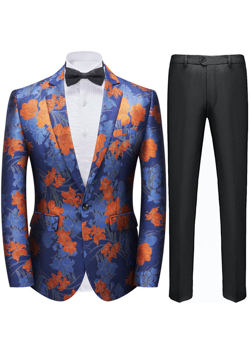 Men's Fashion Orange Flower Embroidered Royal Blue Tuxedo