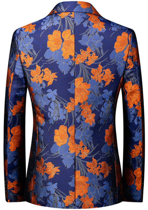 Men's Fashion Orange Flower Embroidered Royal Blue Tuxedo