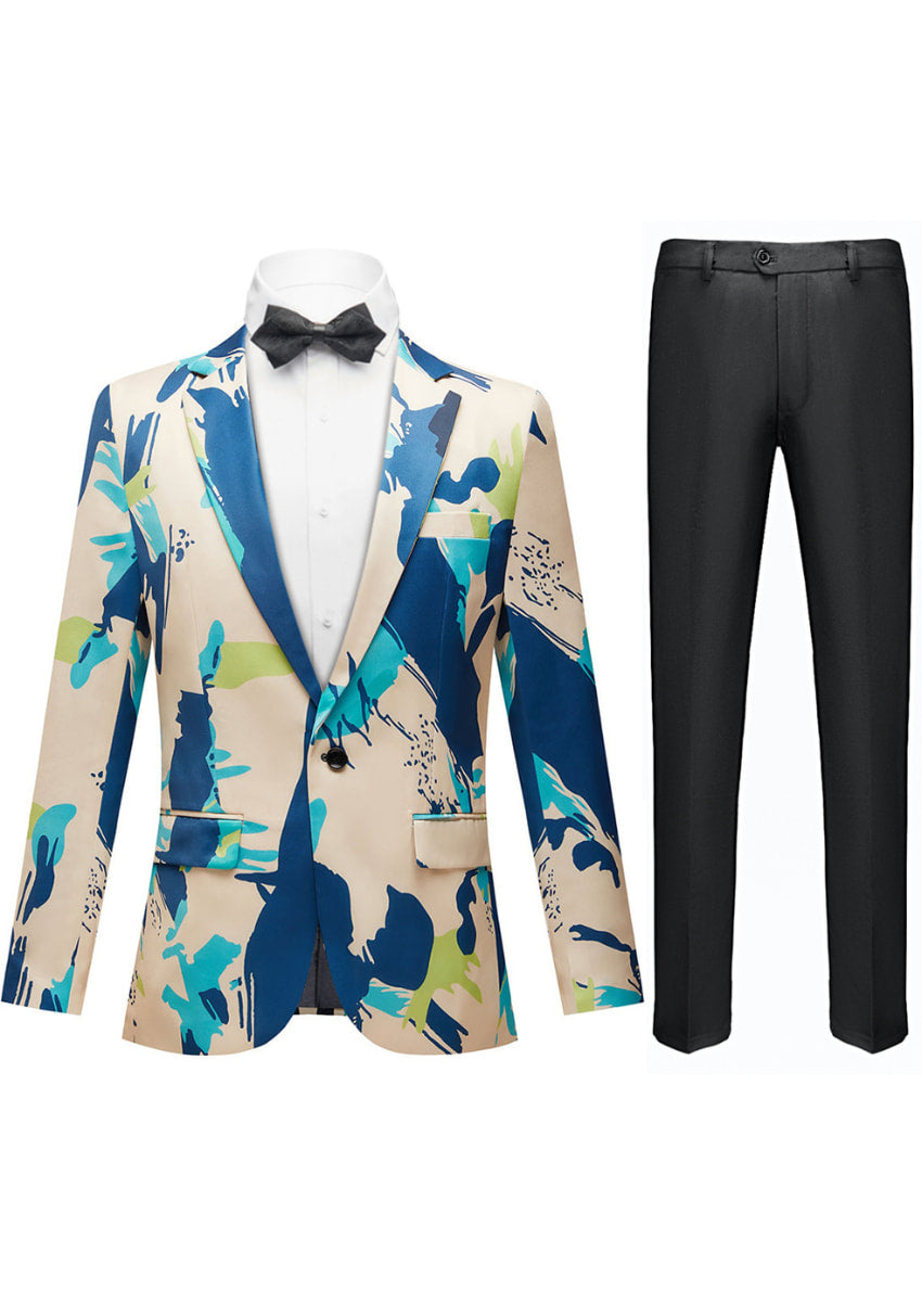 Men's Fashionable Blue Graffiti Print Beige Blazer