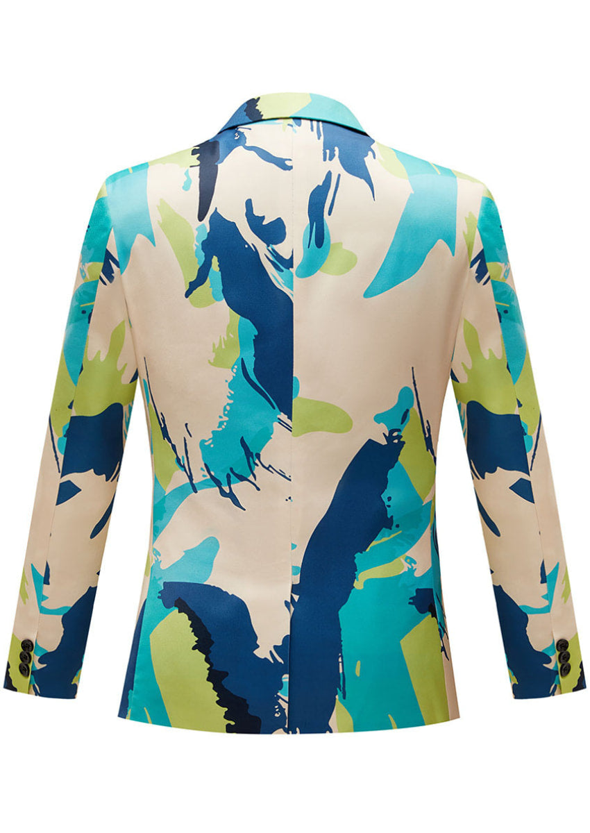Men's Fashionable Blue Graffiti Print Beige Blazer