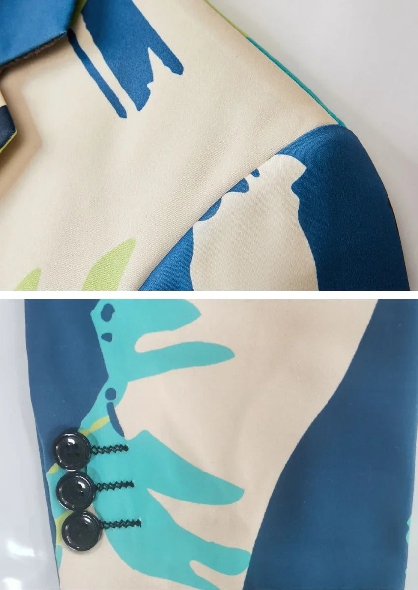 Men's Fashionable Blue Graffiti Print Beige Blazer