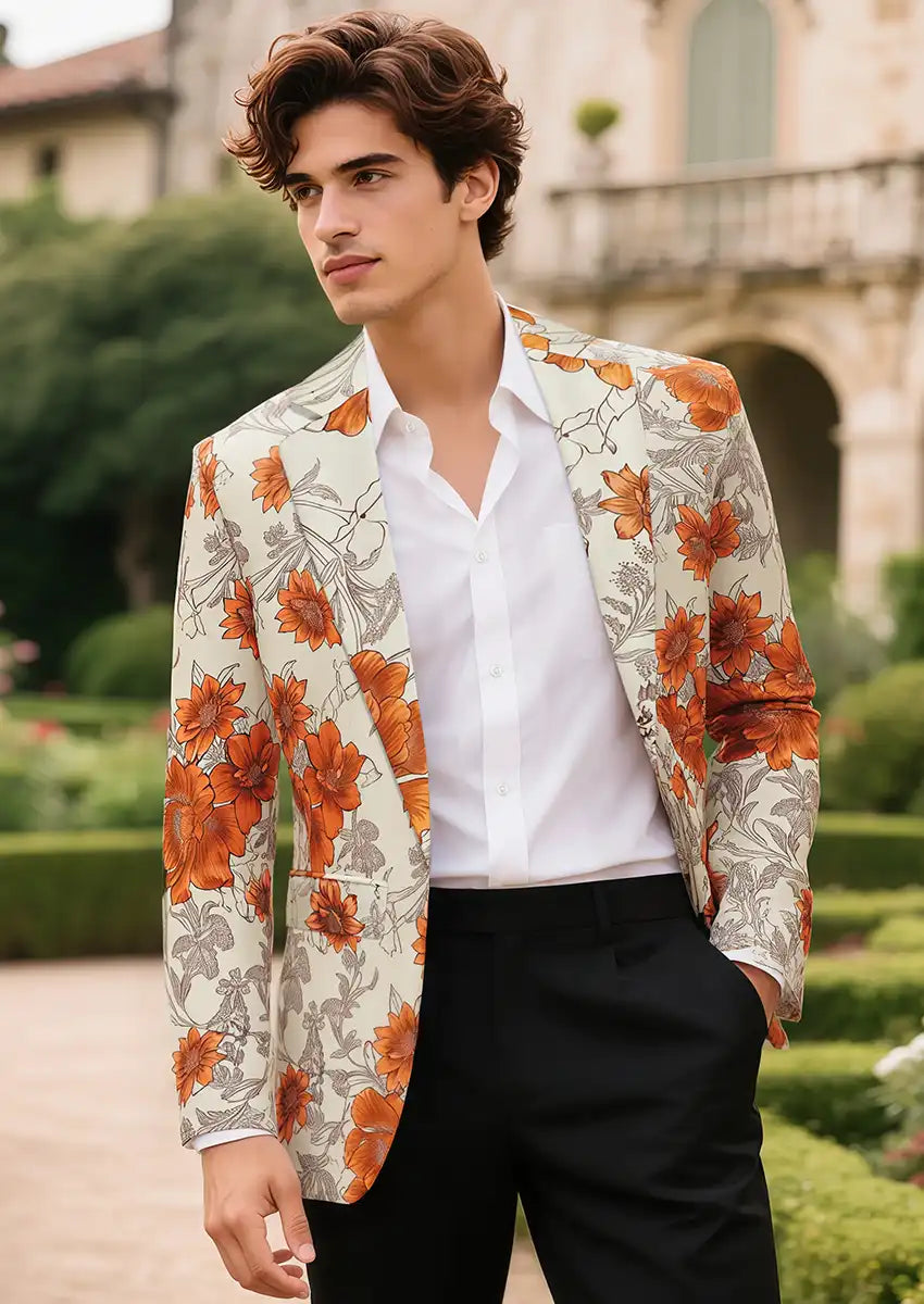 Men's Notched Lapel Orange Floral Jacquard Beige Blazer