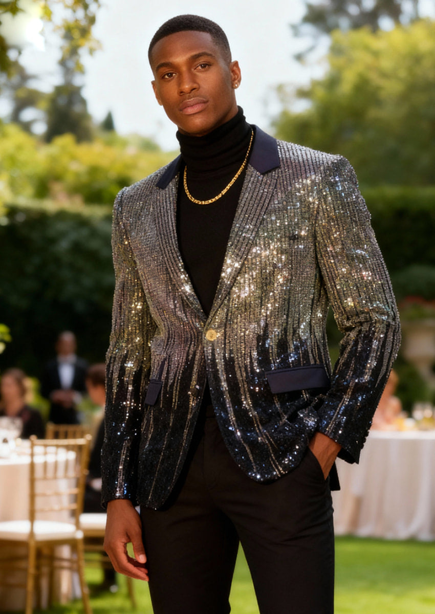 Men's Full Sequin Gold Tassel Navy Tuxedo Jacket for Stage
