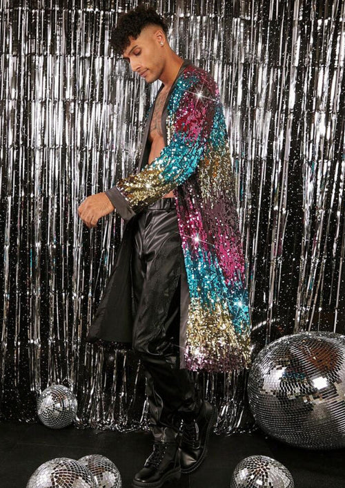 Men's Full Sequin Gradient Multi-color Tassel Blue Long Jacket for Stage