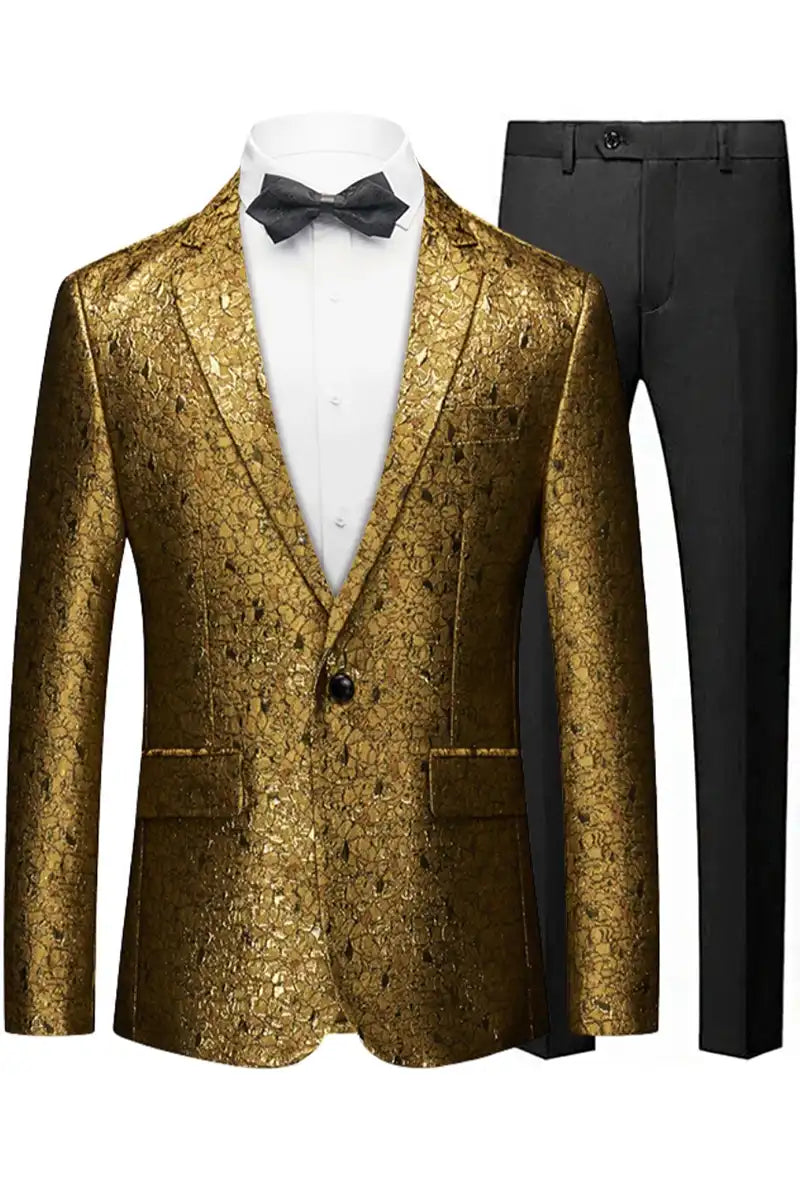 Men's One Button Notched Lapel Gold Metallic Crackle Blazer