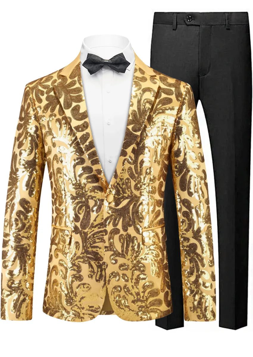 Men's Notch Lapel Embroidered Paisley Gold Sequin Suit