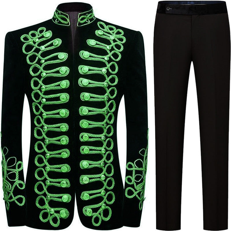 Men's Green Aigillette Decorated Mandarin Collar Black Jacket