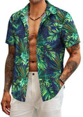 Men's Green Floral Print Short Sleeve Shirt with Turn-down Collar