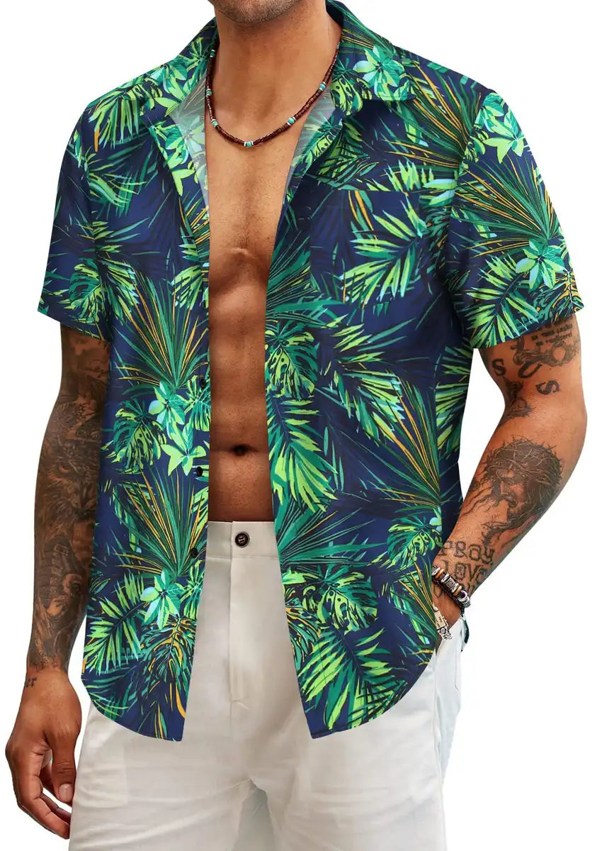 Men's Green Floral Print Short Sleeve Shirt with Turn-down Collar