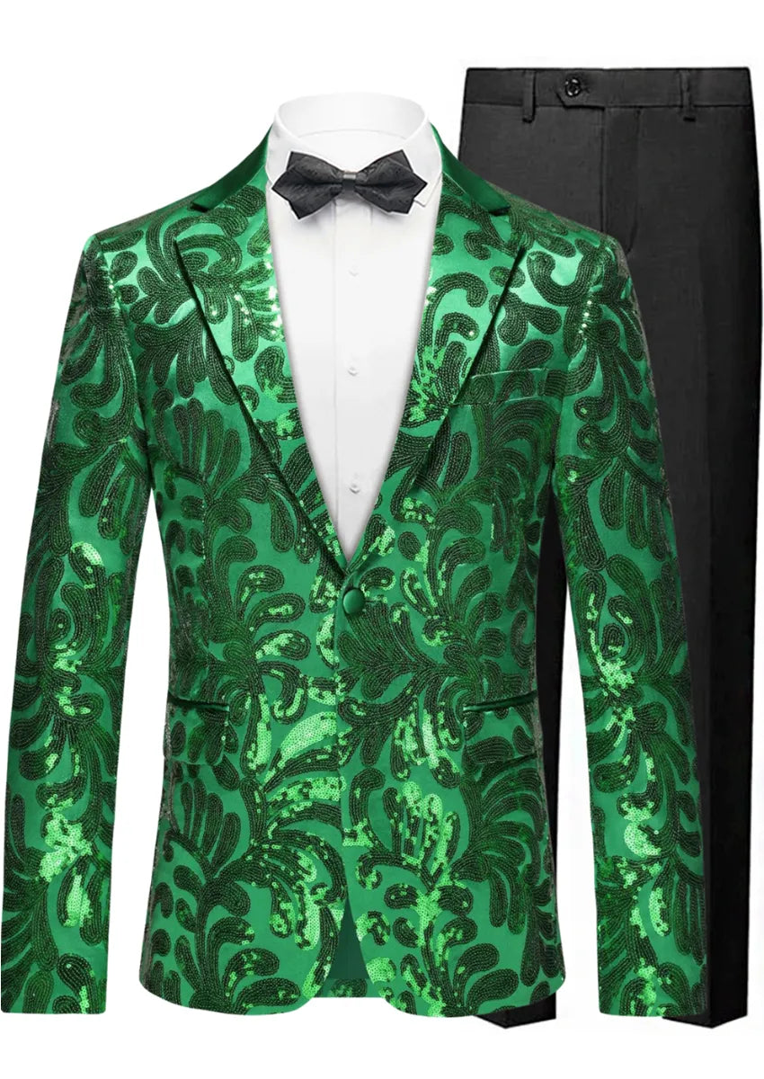 Men's Notch Lapel Embroidered Paisley Green Sequin Suit