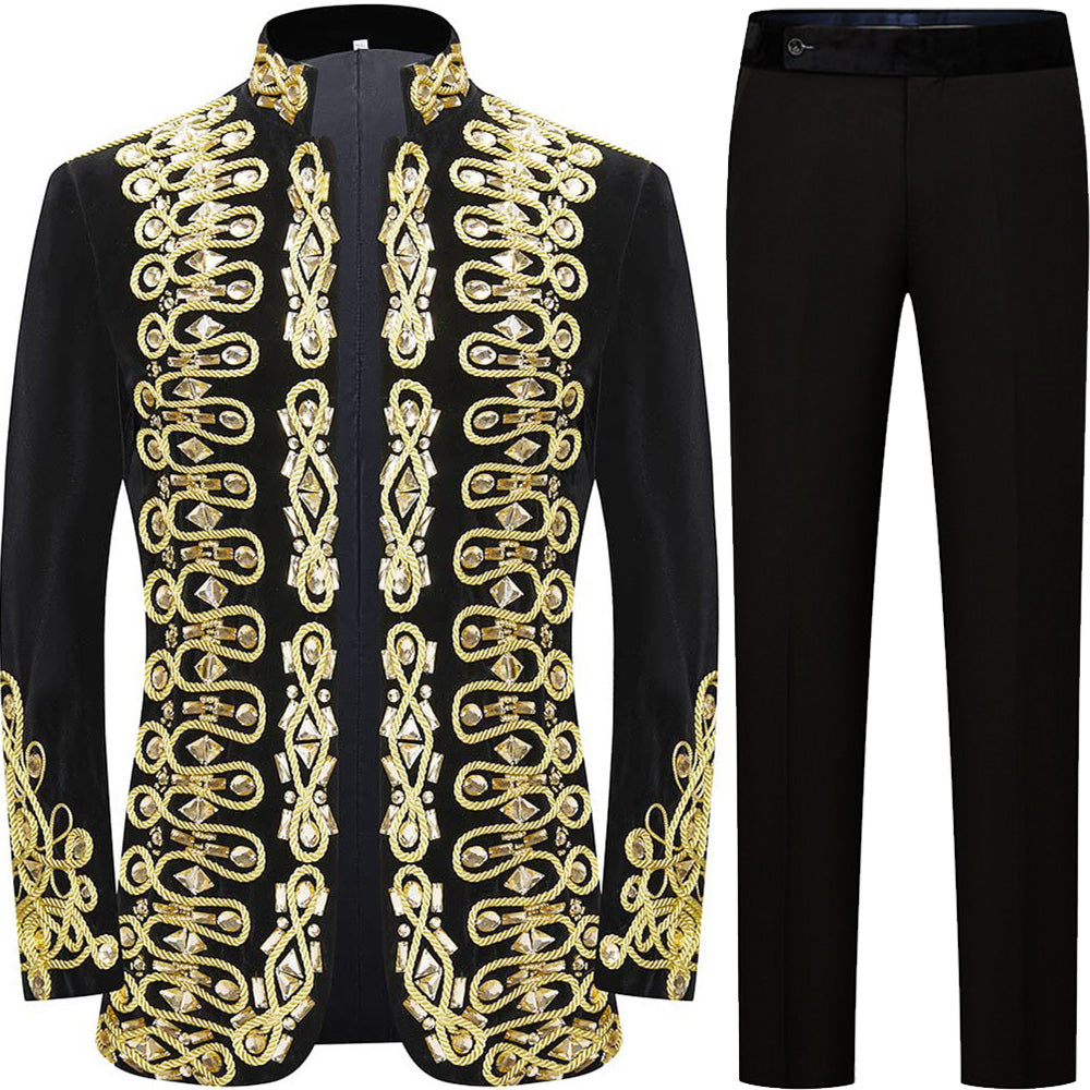 Men's Handmade Gold Aigillette and Rhinestone Hussar Officers Style Black Velvet Tuxedo