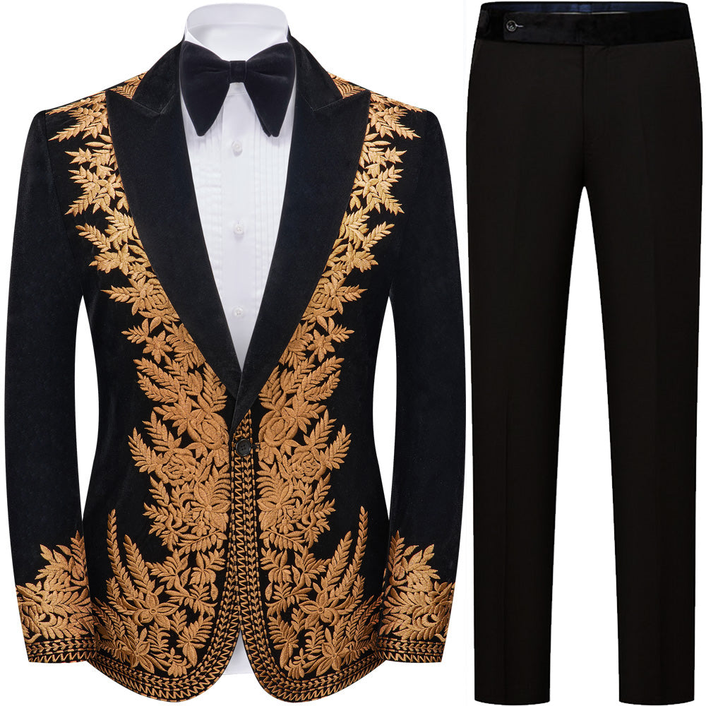 Men's Luxury Gold Embroidered Black Velvet Tuxedo Blazer