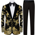 Men's Luxury Gold Floral Embroidered Black Velvet Tuxedo