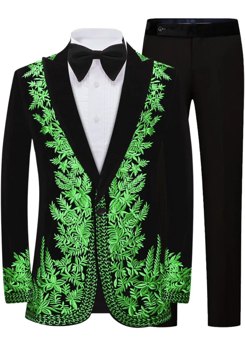 Men's Luxurious Green Embroidery Black Velvet Tuxedo