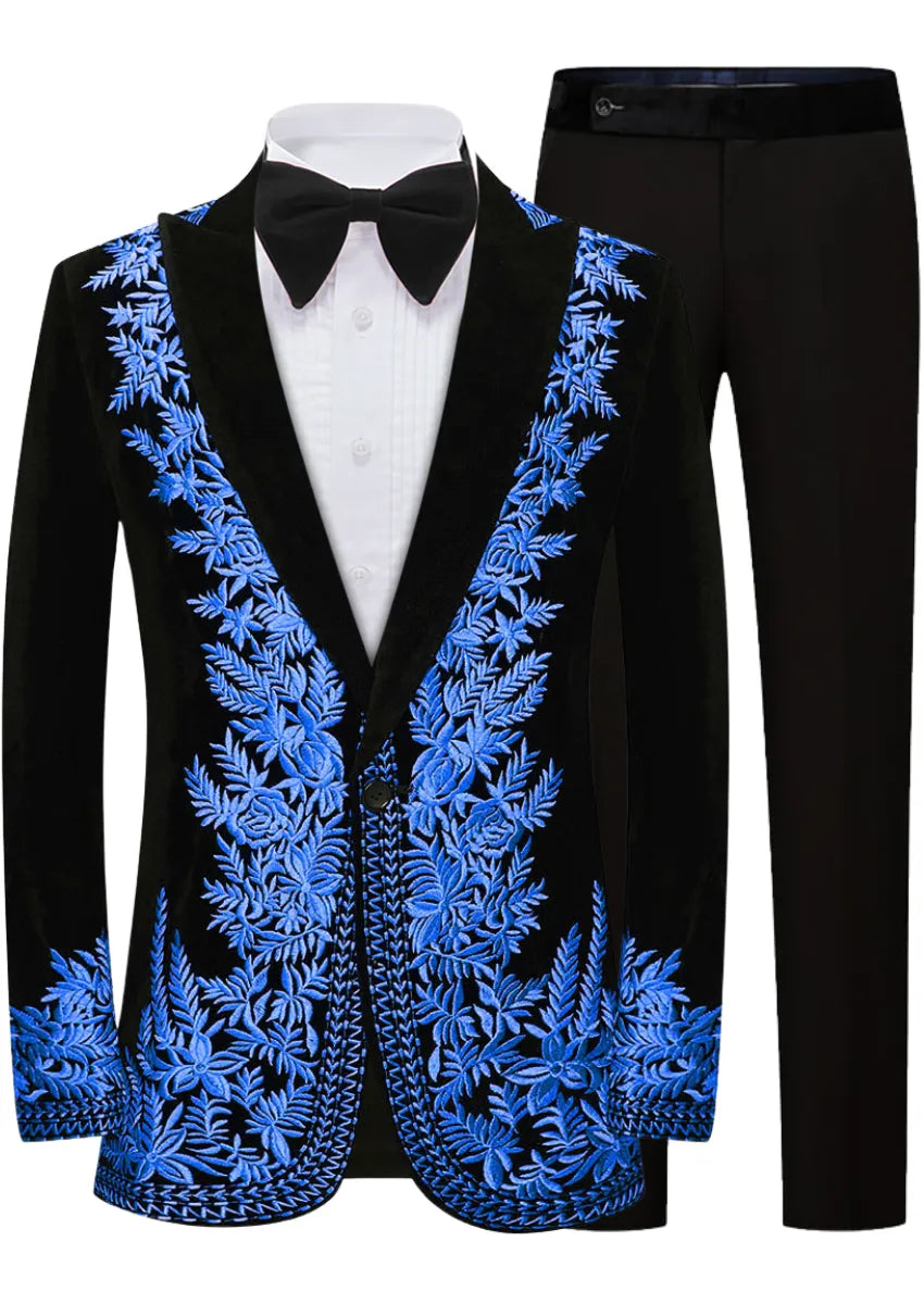 Men's Luxurious Navy Embroidery Black Velvet Tuxedo