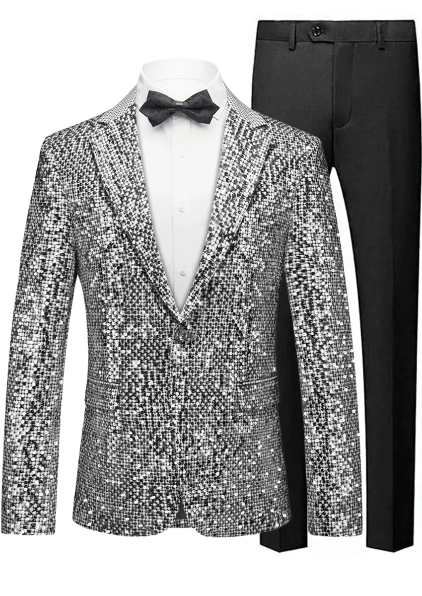 Men's All-over Metallic Silver Sequin Suit Jacket