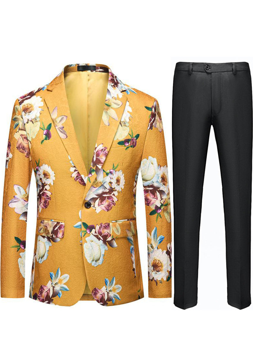 Men's Multi-Color Floral Jacquard Yellow Tuxedo Jacket