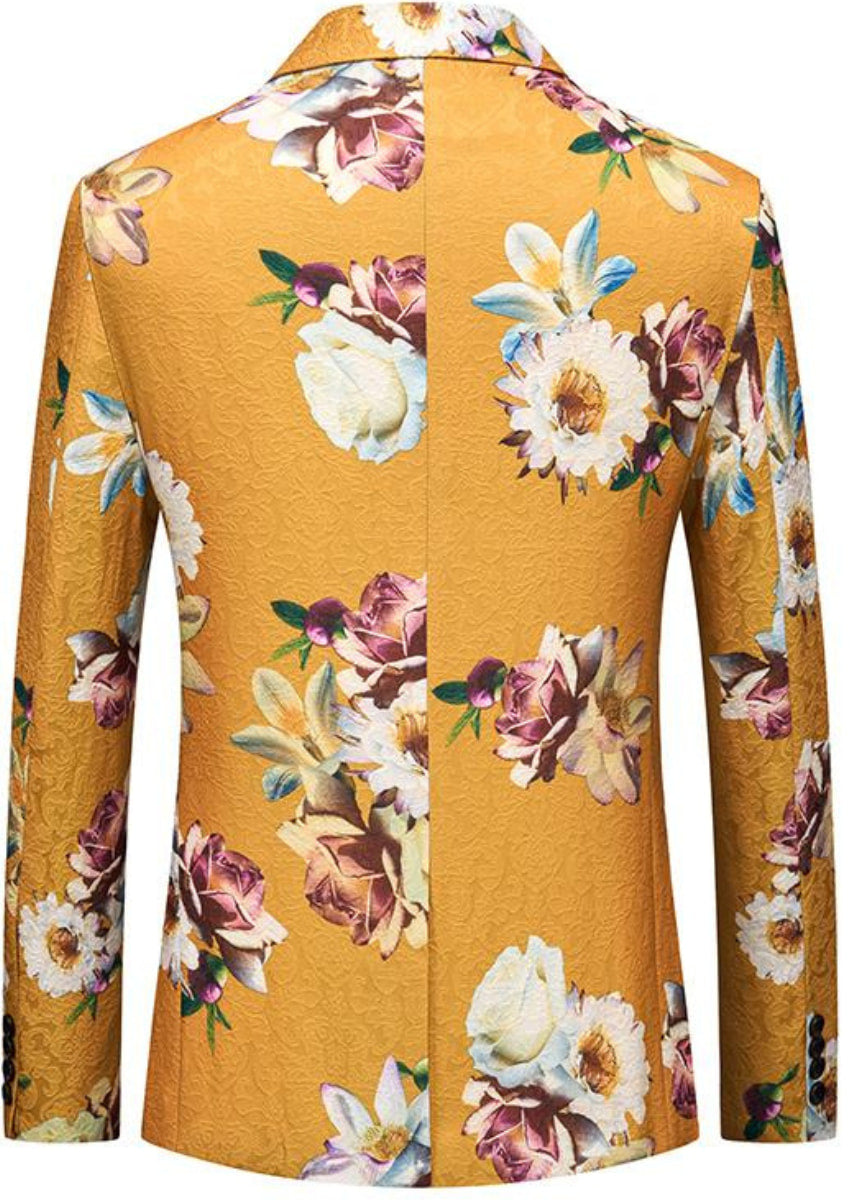 Men's Multi-Color Floral Jacquard Yellow Tuxedo Jacket