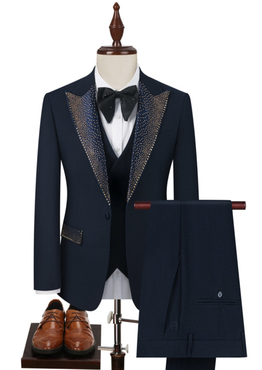 Men’s Navy 3-Piece Hotfix Crystal Peak Lapel Tuxedo Set