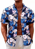 Men's Navy Floral Print Short Sleeve Shirt with Turn-down Collar