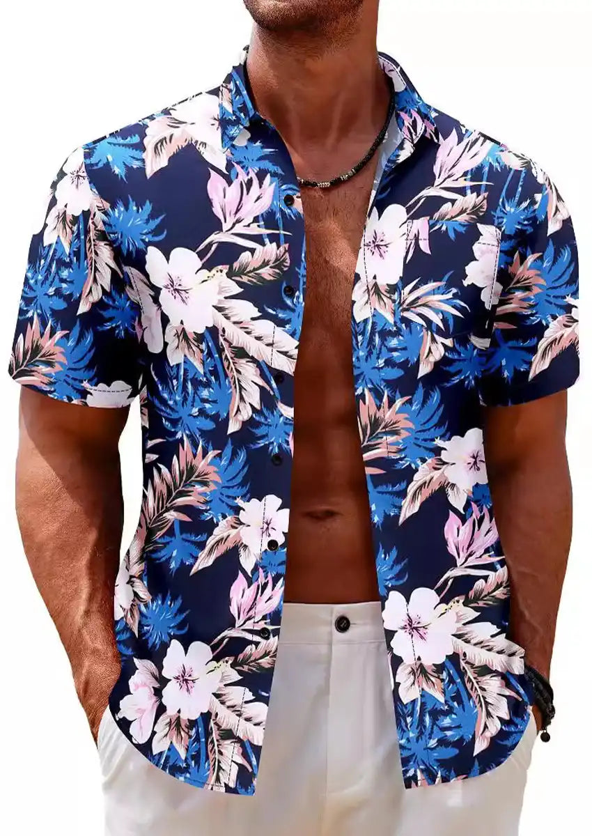 Men's Navy Floral Print Short Sleeve Shirt with Turn-down Collar