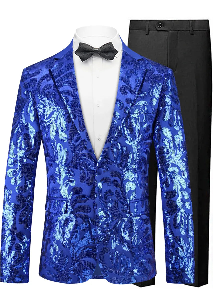 Men's Notch Lapel Embroidered Paisley Navy Sequin Suit