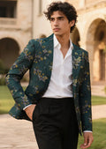 Men's Notched Lapel Green Jacquard Blazer with Embroidery