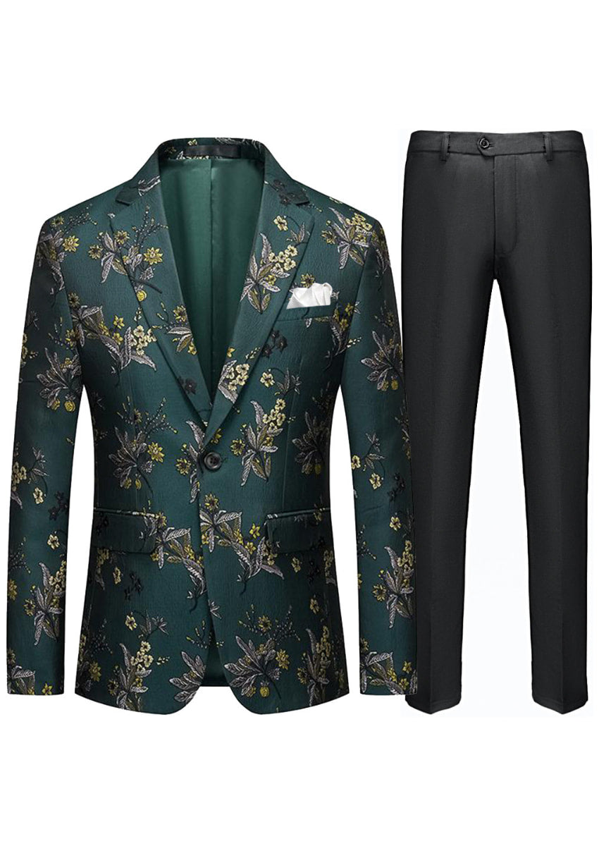 Men's Notched Lapel Green Jacquard Blazer with Embroidery