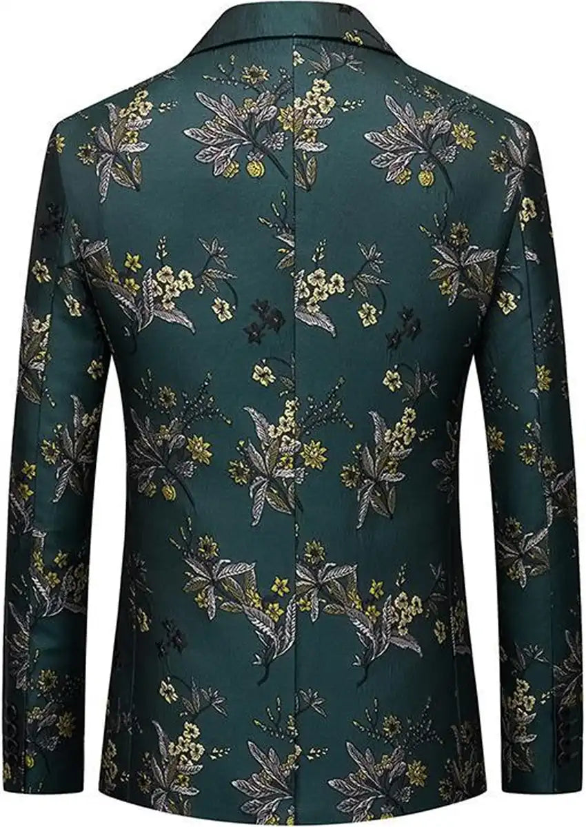 Men's Notched Lapel Green Jacquard Blazer with Embroidery