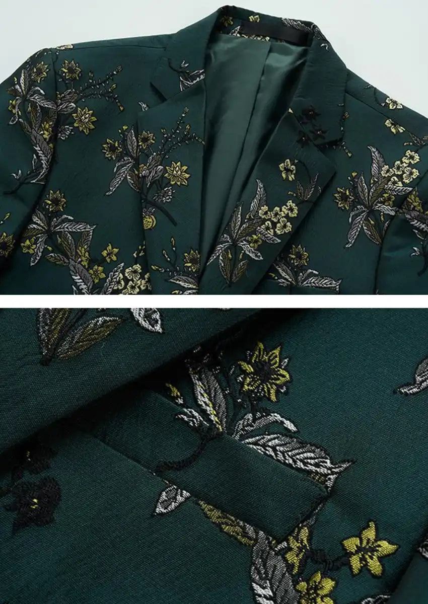 Men's Notched Lapel Green Jacquard Blazer with Embroidery