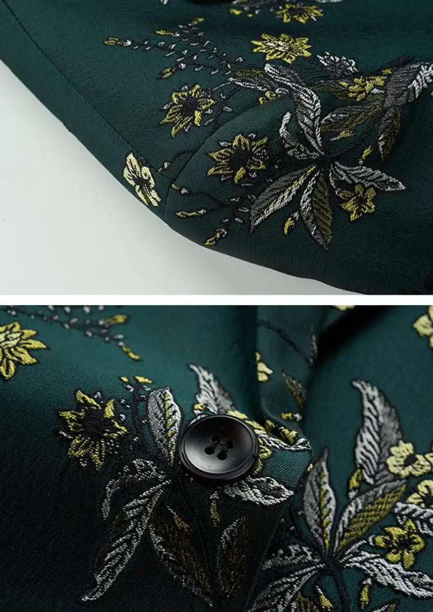 Men's Notched Lapel Green Jacquard Blazer with Embroidery