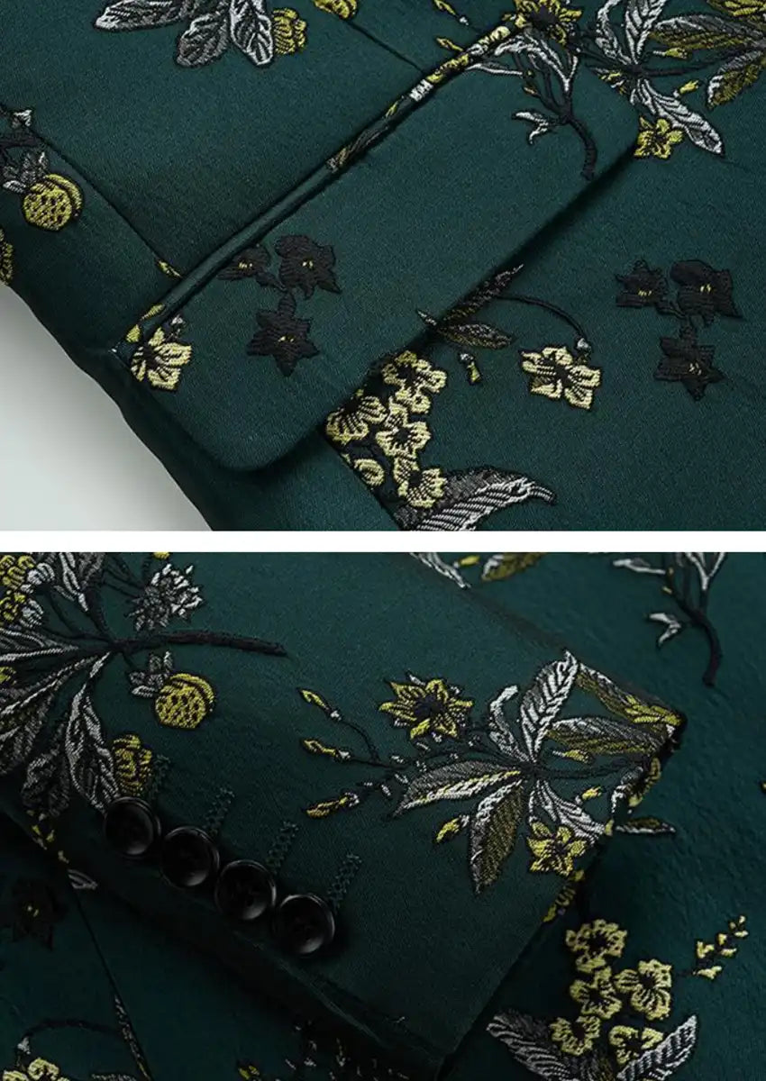 Men's Notched Lapel Green Jacquard Blazer with Embroidery