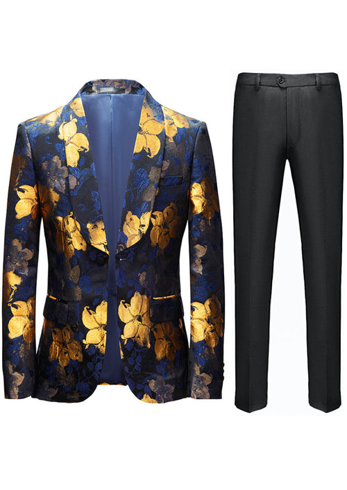 Men's Oil Painting Style Gold and Blue Floral Embroidered Tuxedo