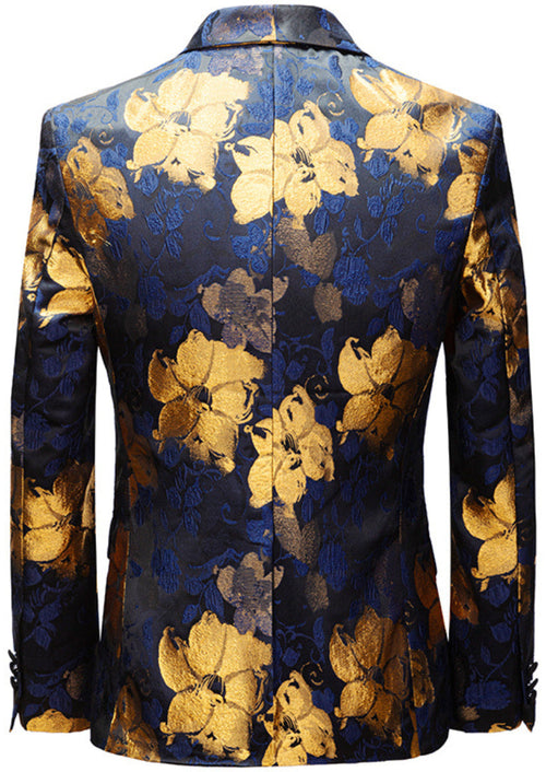 Men's Oil Painting Style Gold and Blue Floral Embroidered Tuxedo