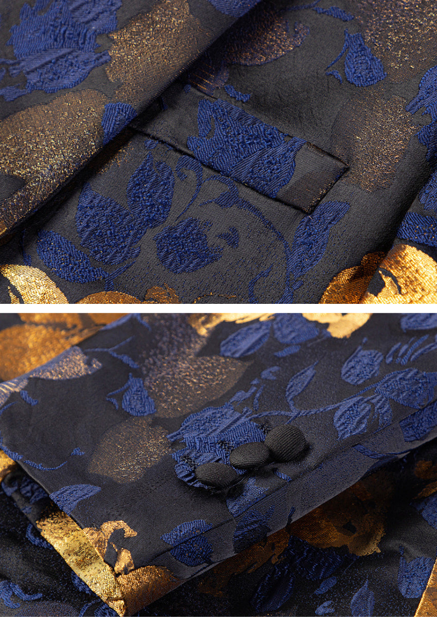 Men's Oil Painting Style Gold and Blue Floral Embroidered Tuxedo