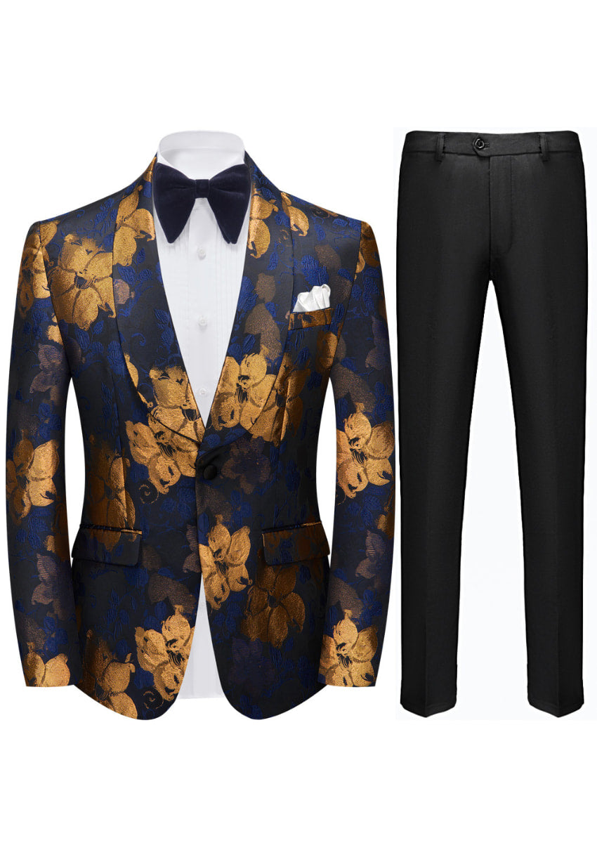 Men's Oil Painting Style Gold and Blue Floral Embroidered Tuxedo Jacket