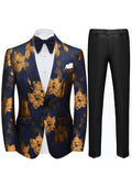 Men's Oil Painting Style Gold and Blue Floral Embroidered Tuxedo Jacket