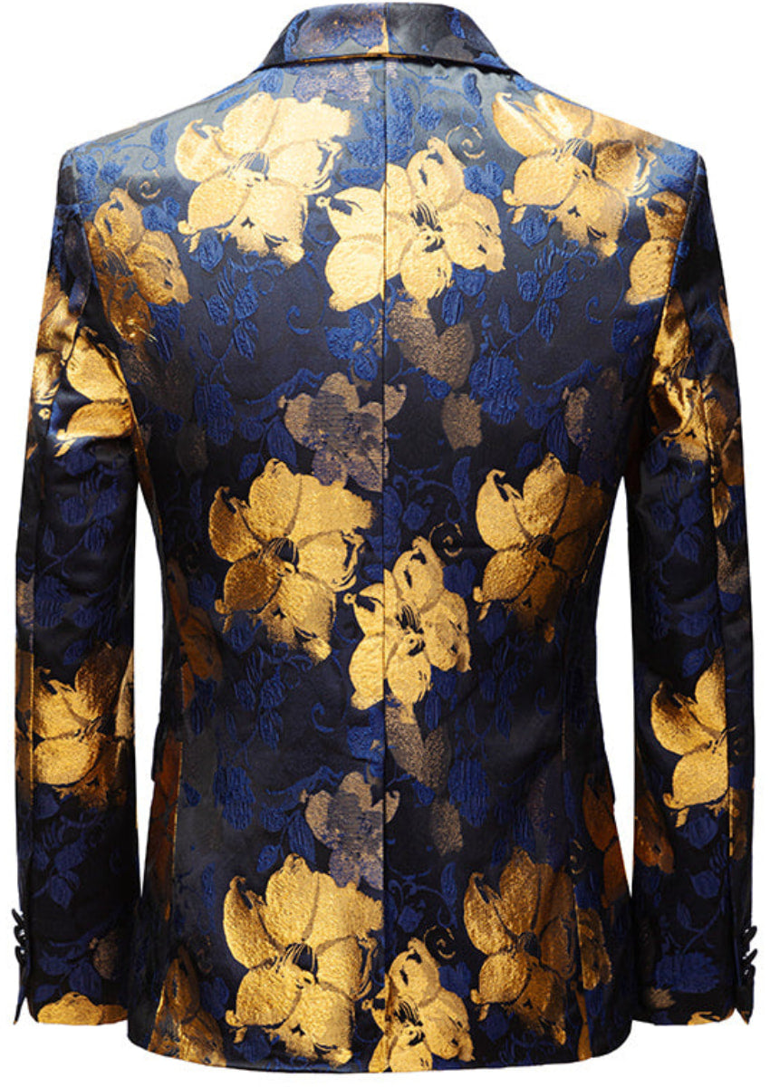 Men's Oil Painting Style Gold and Blue Floral Embroidered Tuxedo Jacket