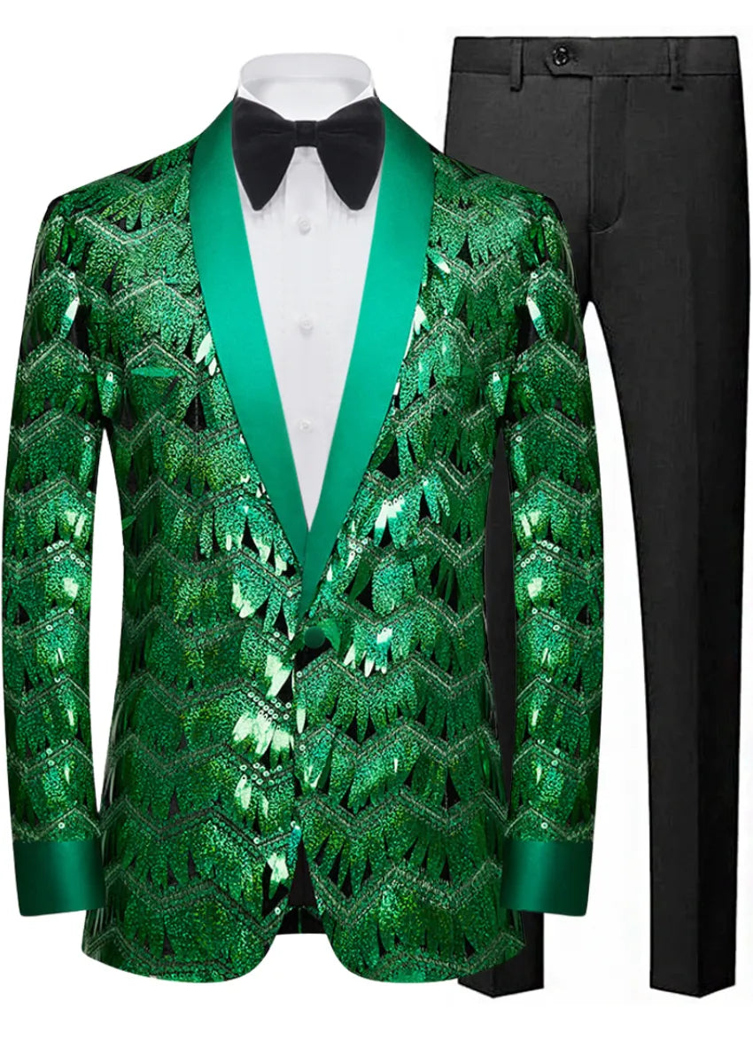 Men's One-Button Geometric Sequin Green Jacket