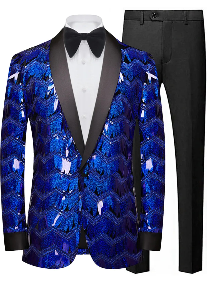 Men's One-Button Geometric Sequin Navy Jacket