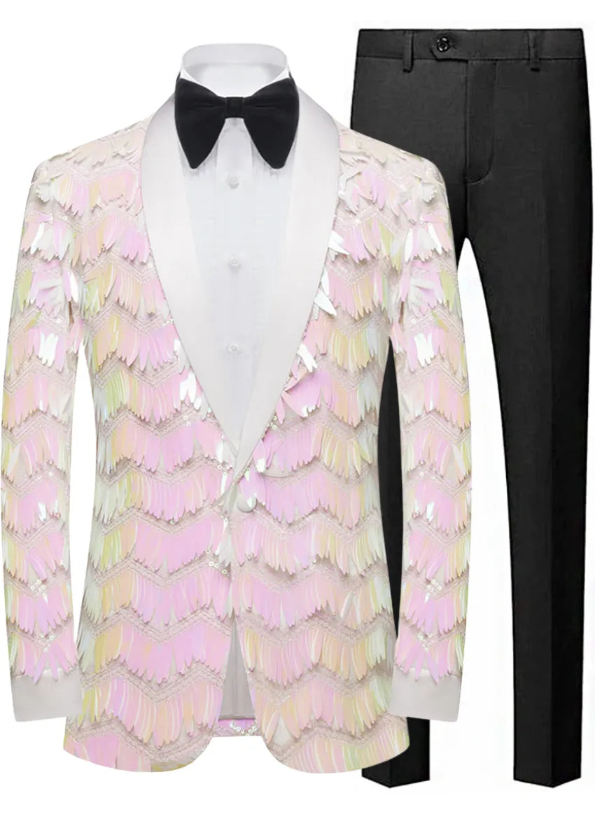 Men's One-Button Geometric Sequin Pink Jacket