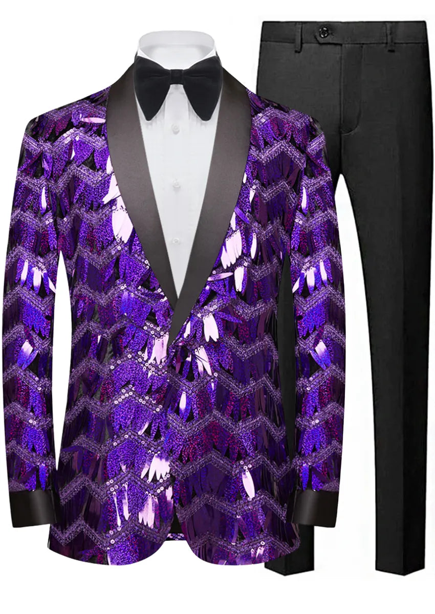 Men's One-Button Geometric Sequin Purple Jacket