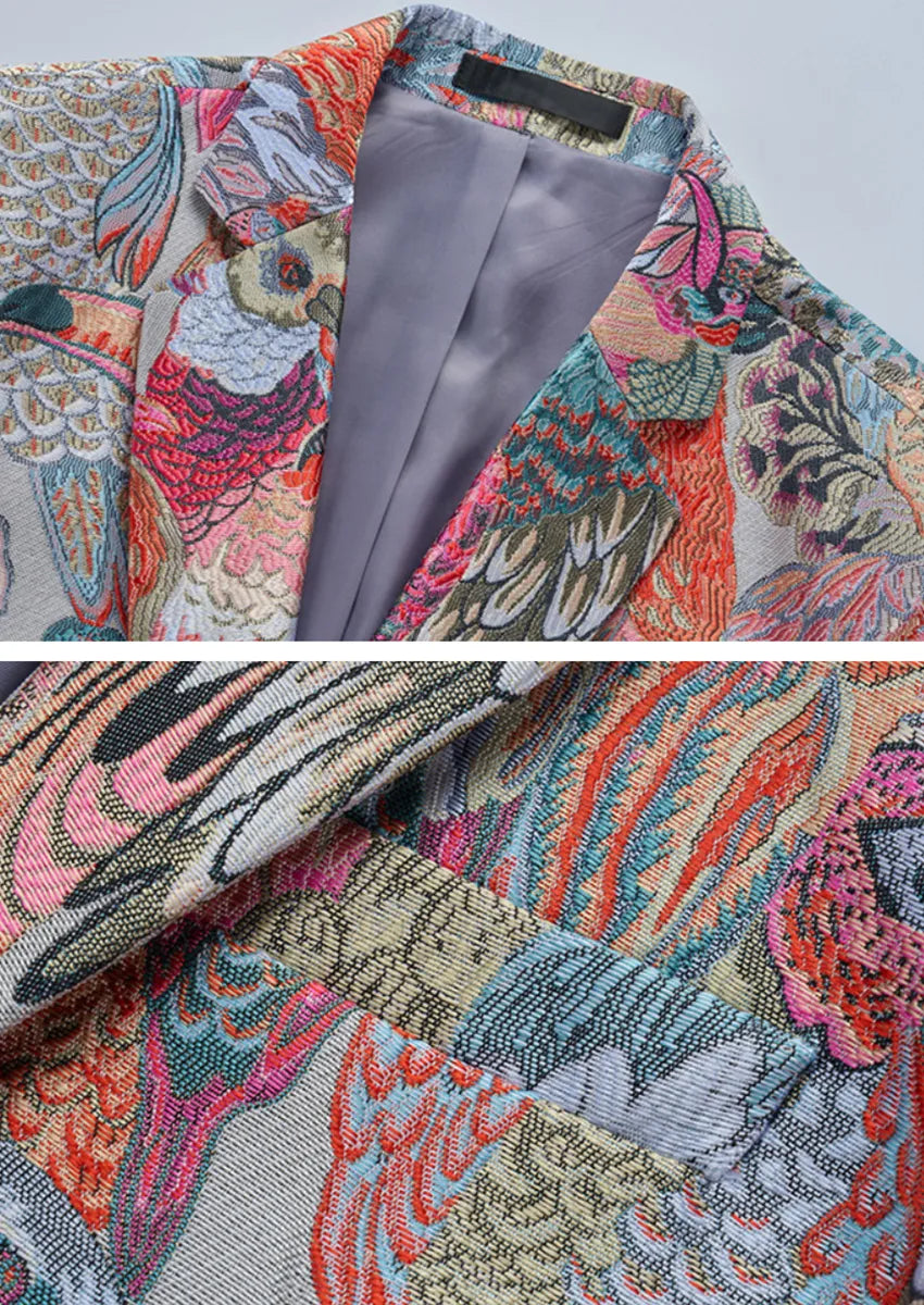 Men's One-Button Peacock Jacquard Multi-color Jacket