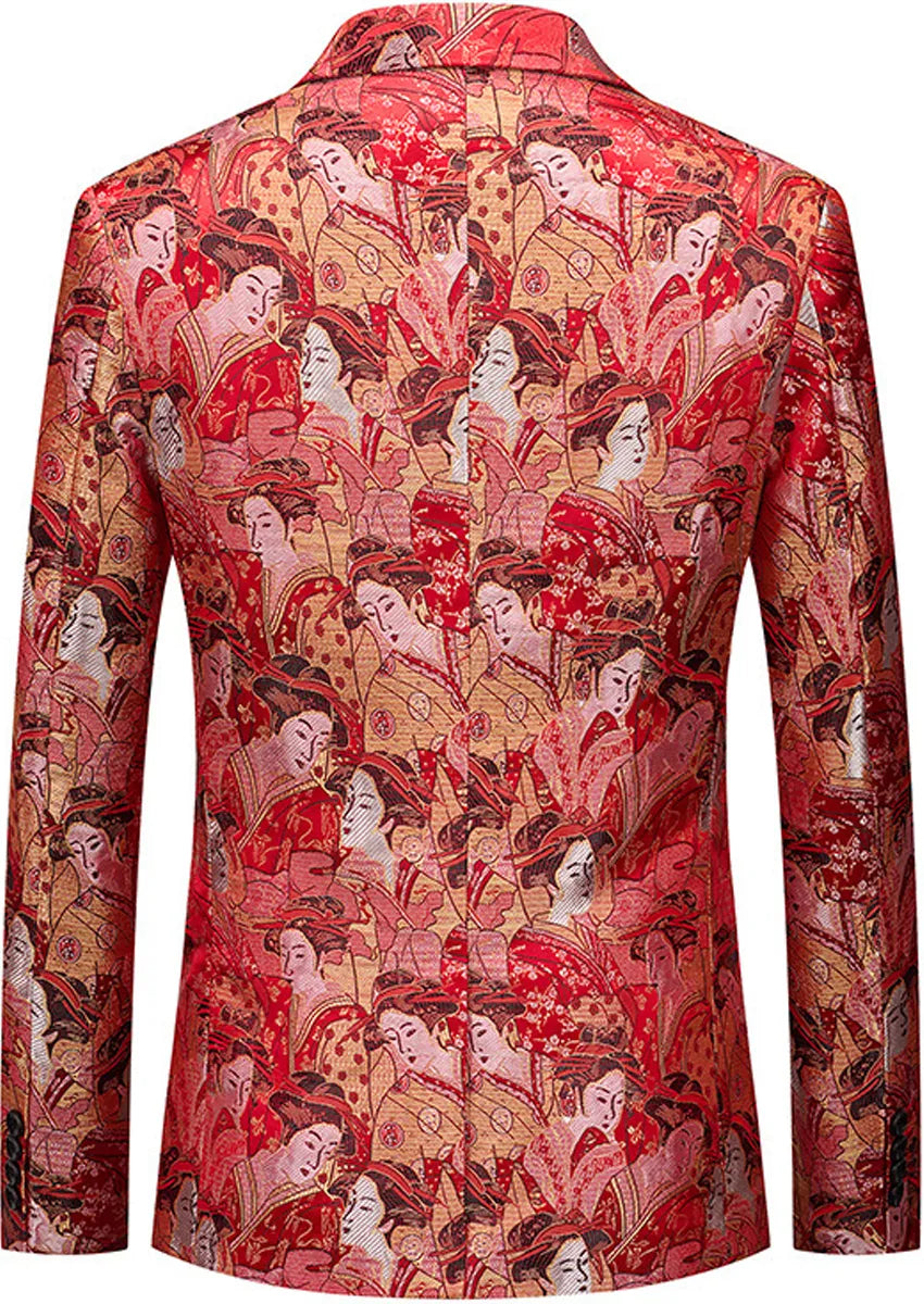 Men's One-Button Slim Fit Japanese Maid Pattern Red Blazer