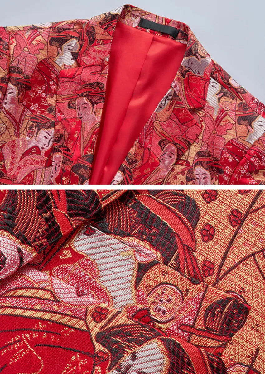Men's One-Button Slim Fit Japanese Maid Pattern Red Blazer