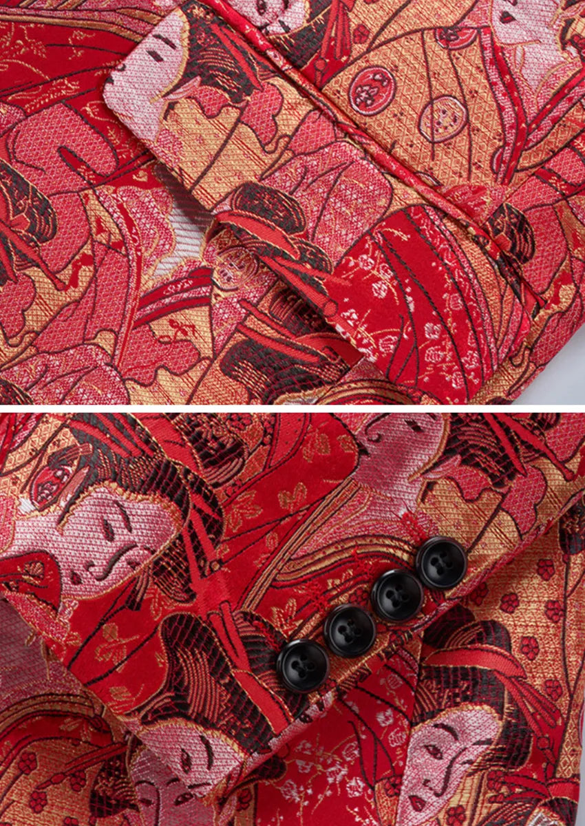 Men's One-Button Slim Fit Japanese Maid Pattern Red Blazer