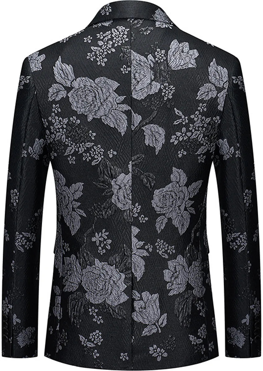 Men's One-Button Slim Fit Silver Jacquard Black Jacket