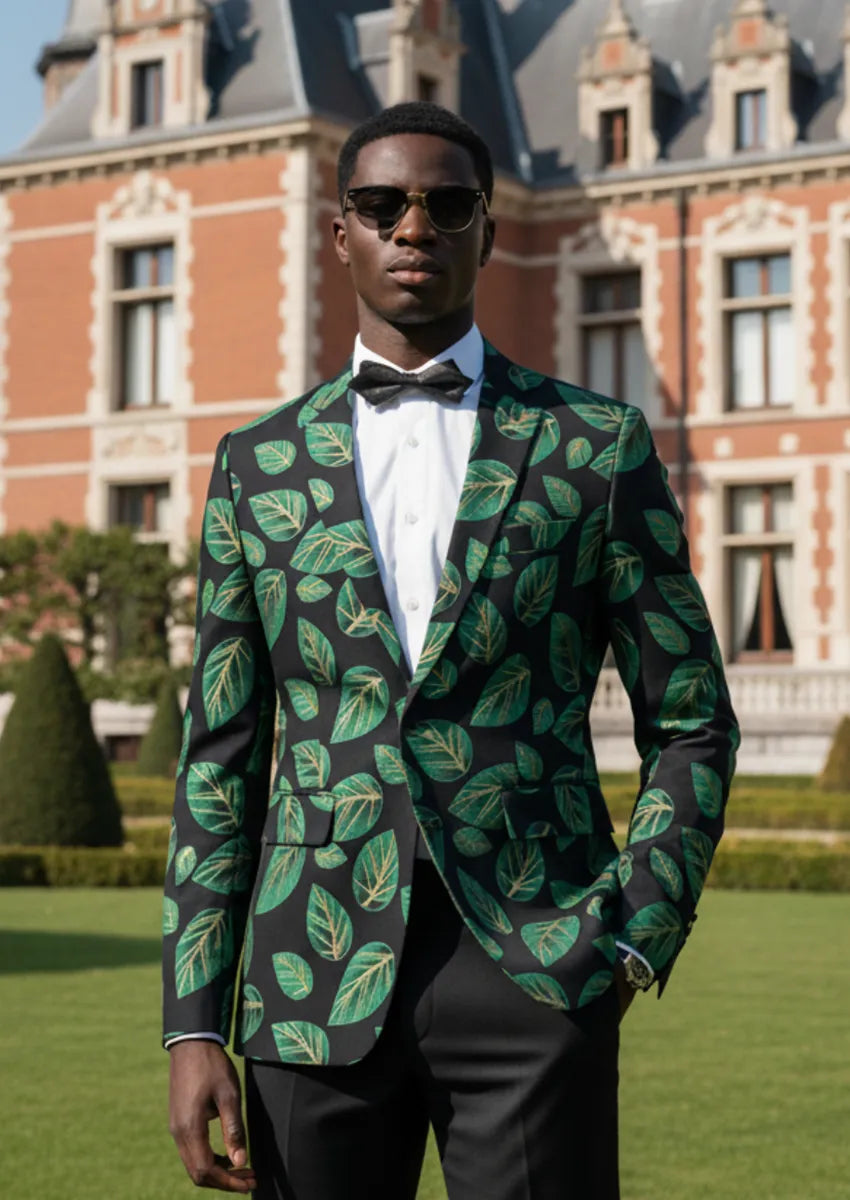 Men's One-button Green Leaf Jacquard Black Blazer