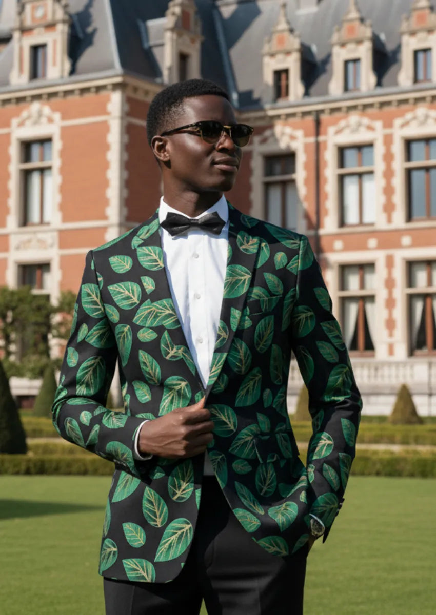 Men's One-button Green Leaf Jacquard Black Blazer