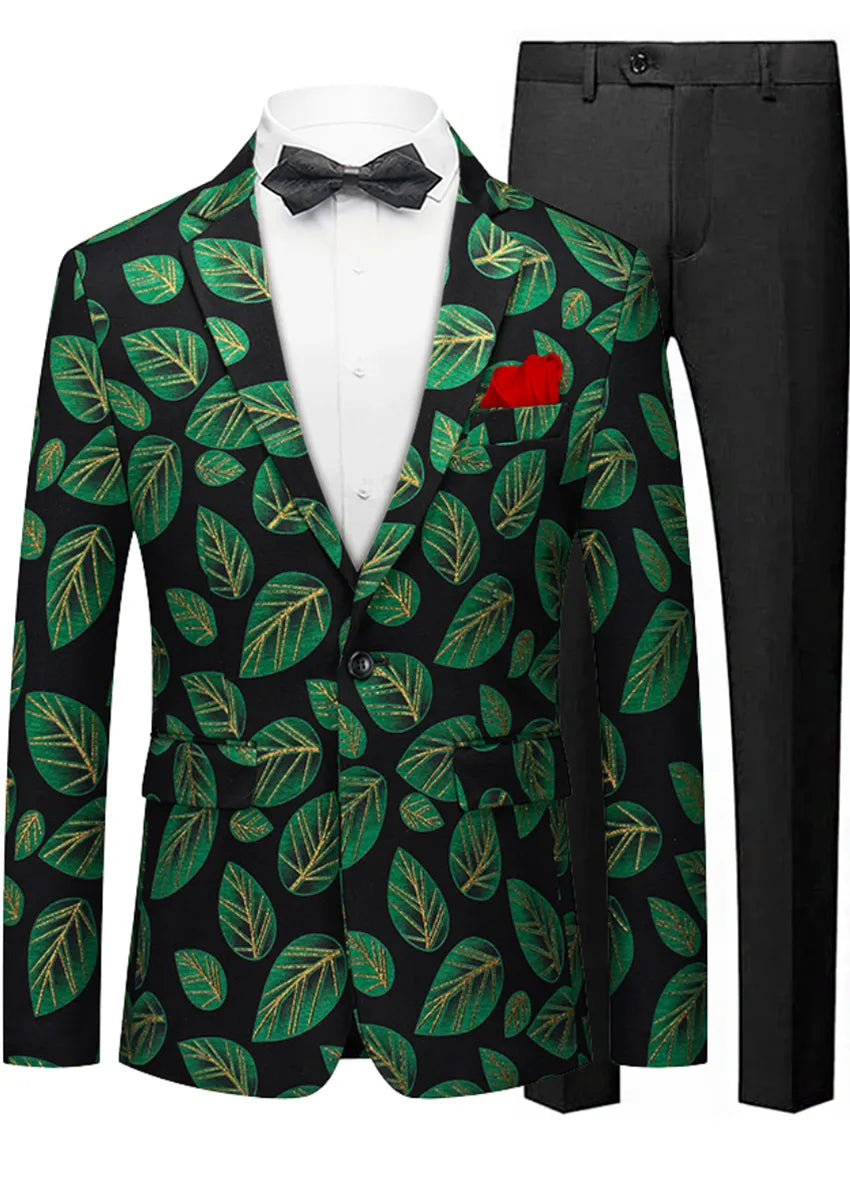 Men's One-button Green Leaf Jacquard Black Blazer